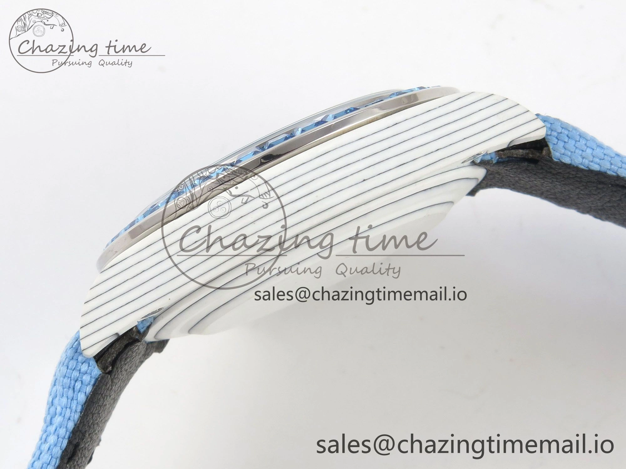 FlexibleFit Daytona Cosmograph White Carbon Blue Crystals Bezel MPF Best Blue Skeleton Dial on Blue Nylon Strap A 313