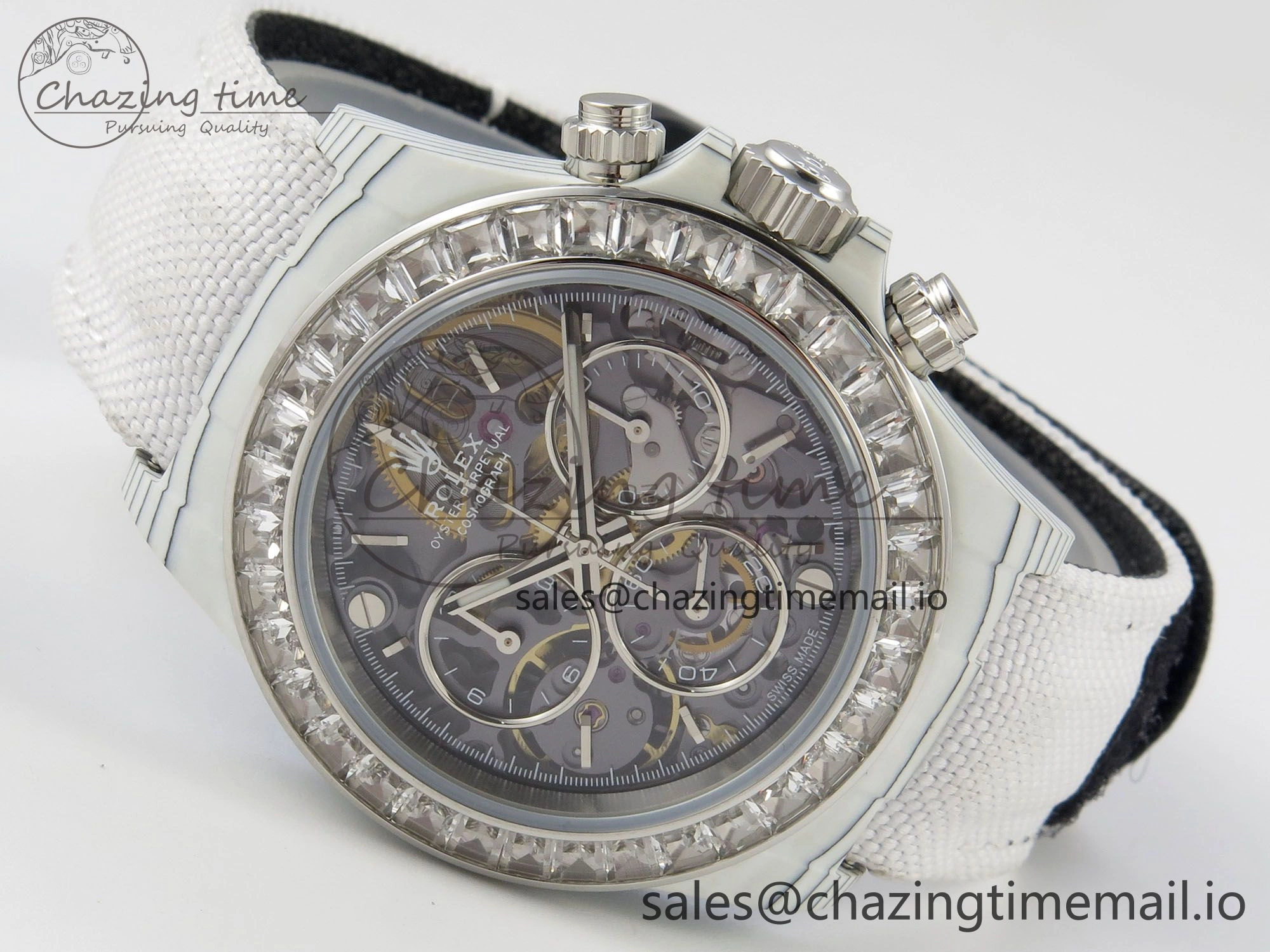Daytona Cosmograph White Carbon MPF Best Blaken Skeleton Dial on White Nylon Strap A TravelReady 314