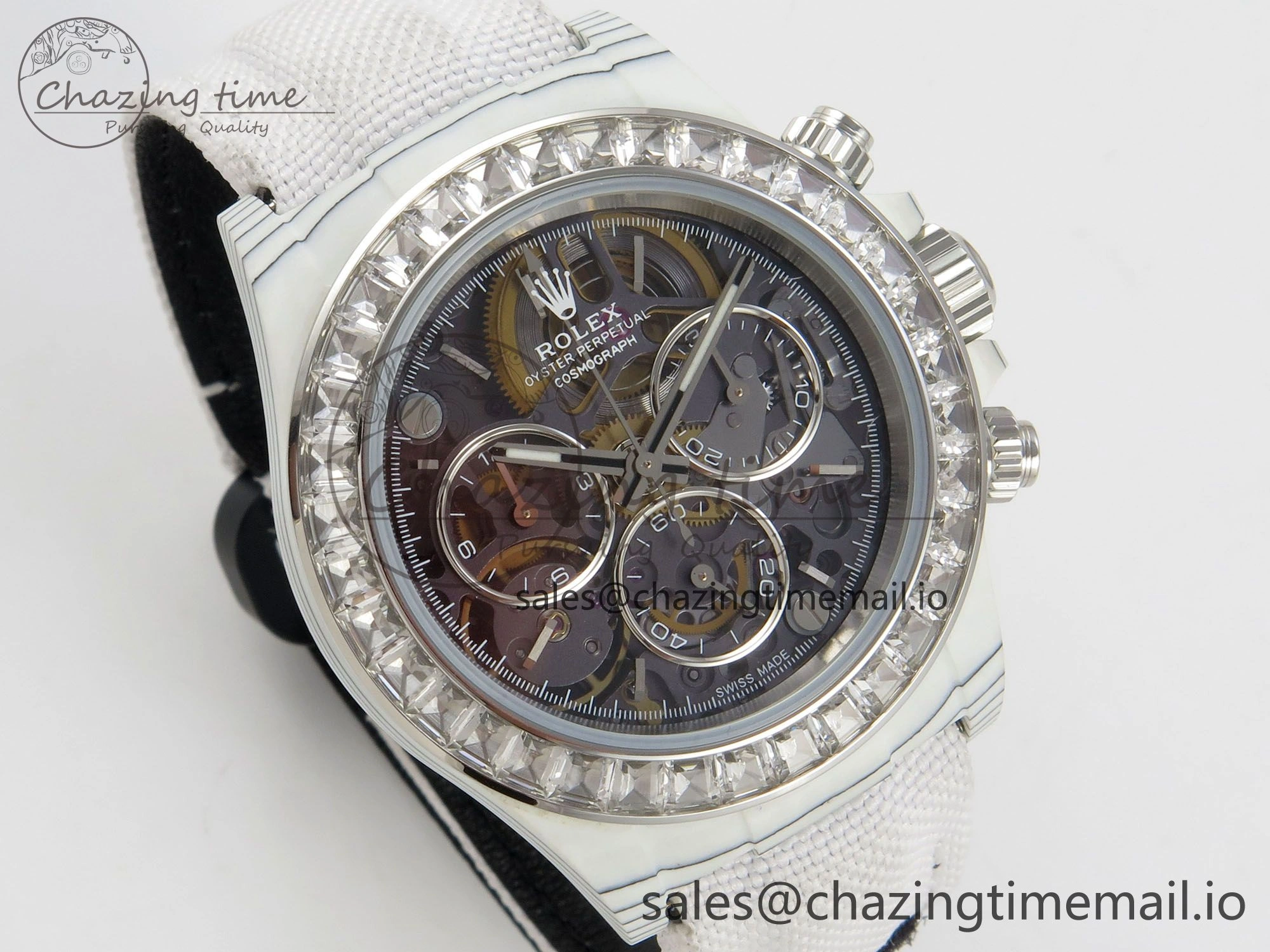 Daytona Cosmograph White Carbon MPF Best Blaken Skeleton Dial on White Nylon Strap A TravelReady 314