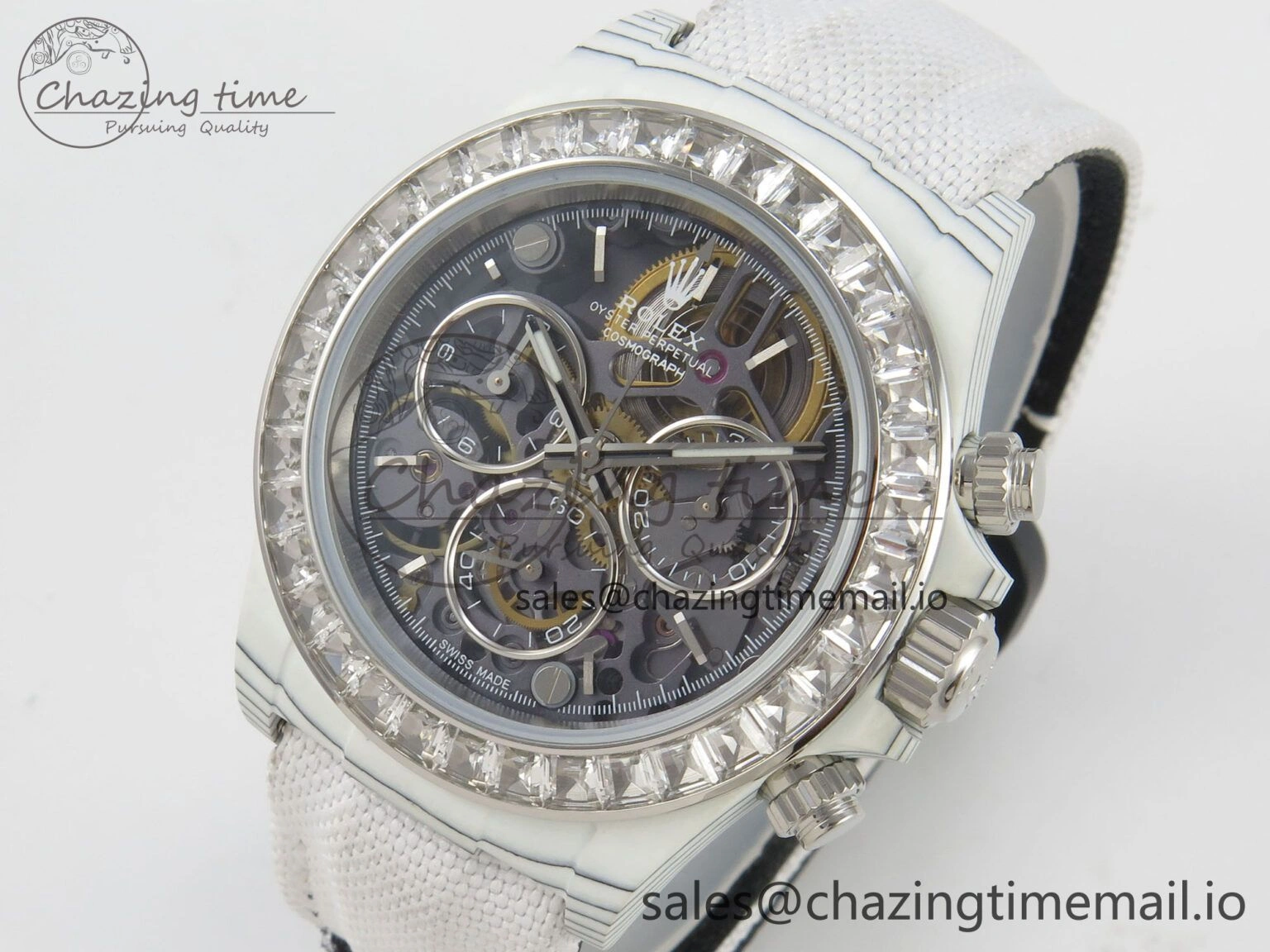 Daytona Cosmograph White Carbon MPF Best Blaken Skeleton Dial on White Nylon Strap A TravelReady 314