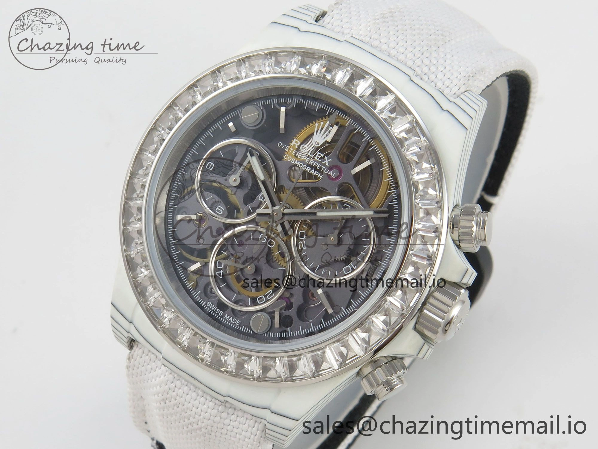 Daytona Cosmograph White Carbon MPF Best Blaken Skeleton Dial on White Nylon Strap A TravelReady 314