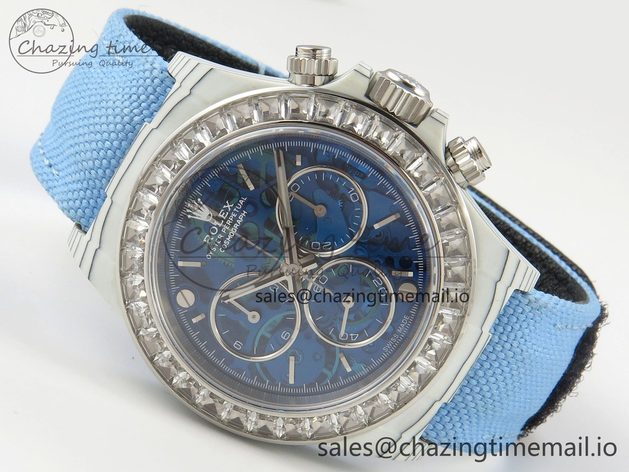EyeCatching Daytona Cosmograph White Carbon MPF Best Blue Skeleton Dial on Blue Nylon Strap A 320