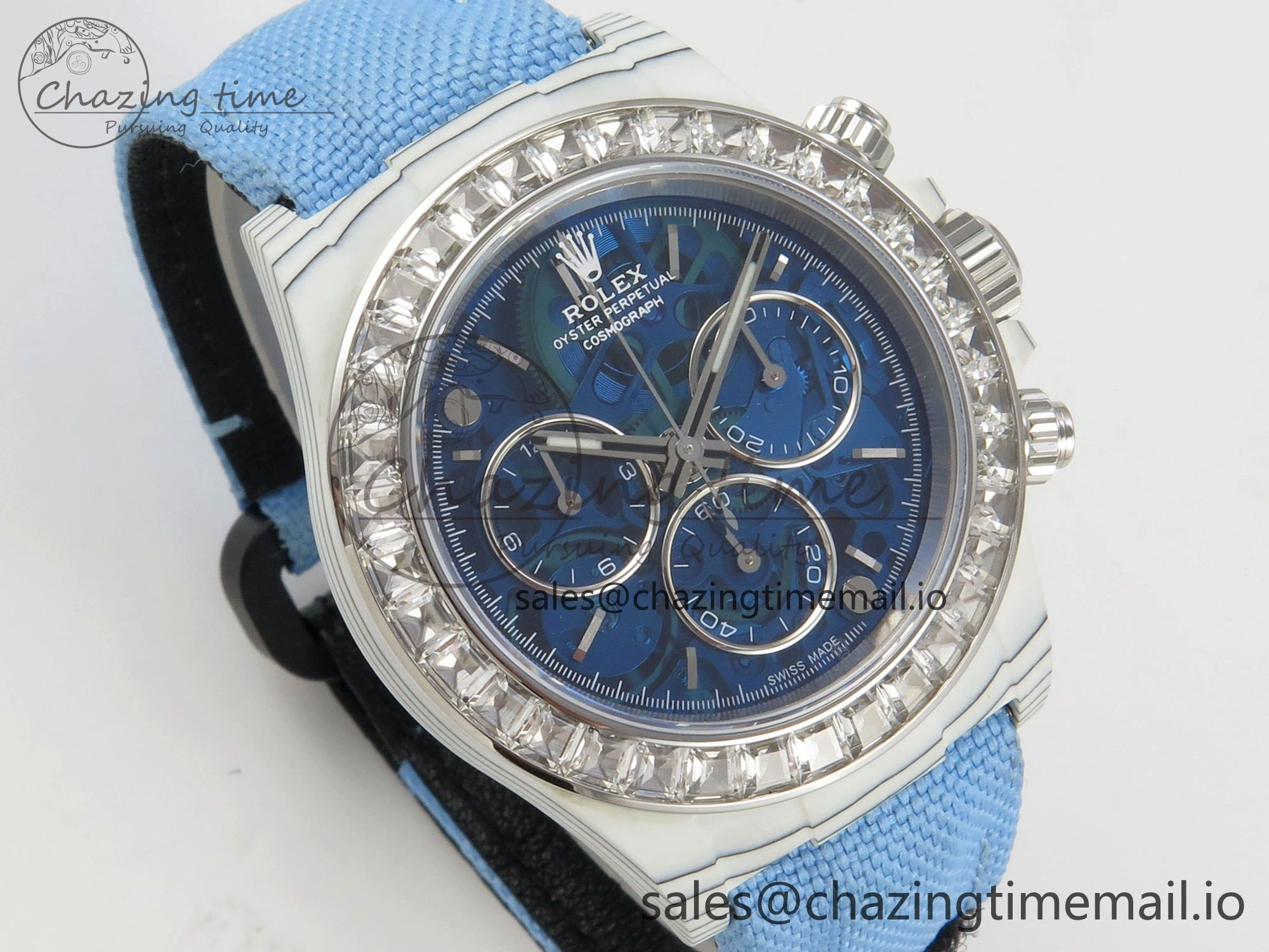 EyeCatching Daytona Cosmograph White Carbon MPF Best Blue Skeleton Dial on Blue Nylon Strap A 320