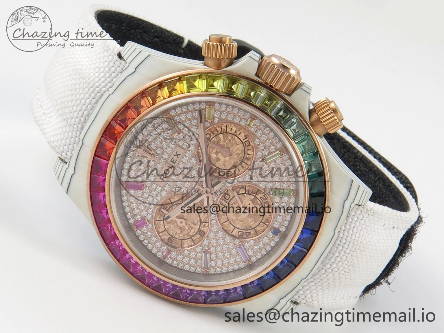 Tailored Daytona Cosmograph White Carbon MPF Best Edition Full Diamond Dial White Nylon Strap A 316
