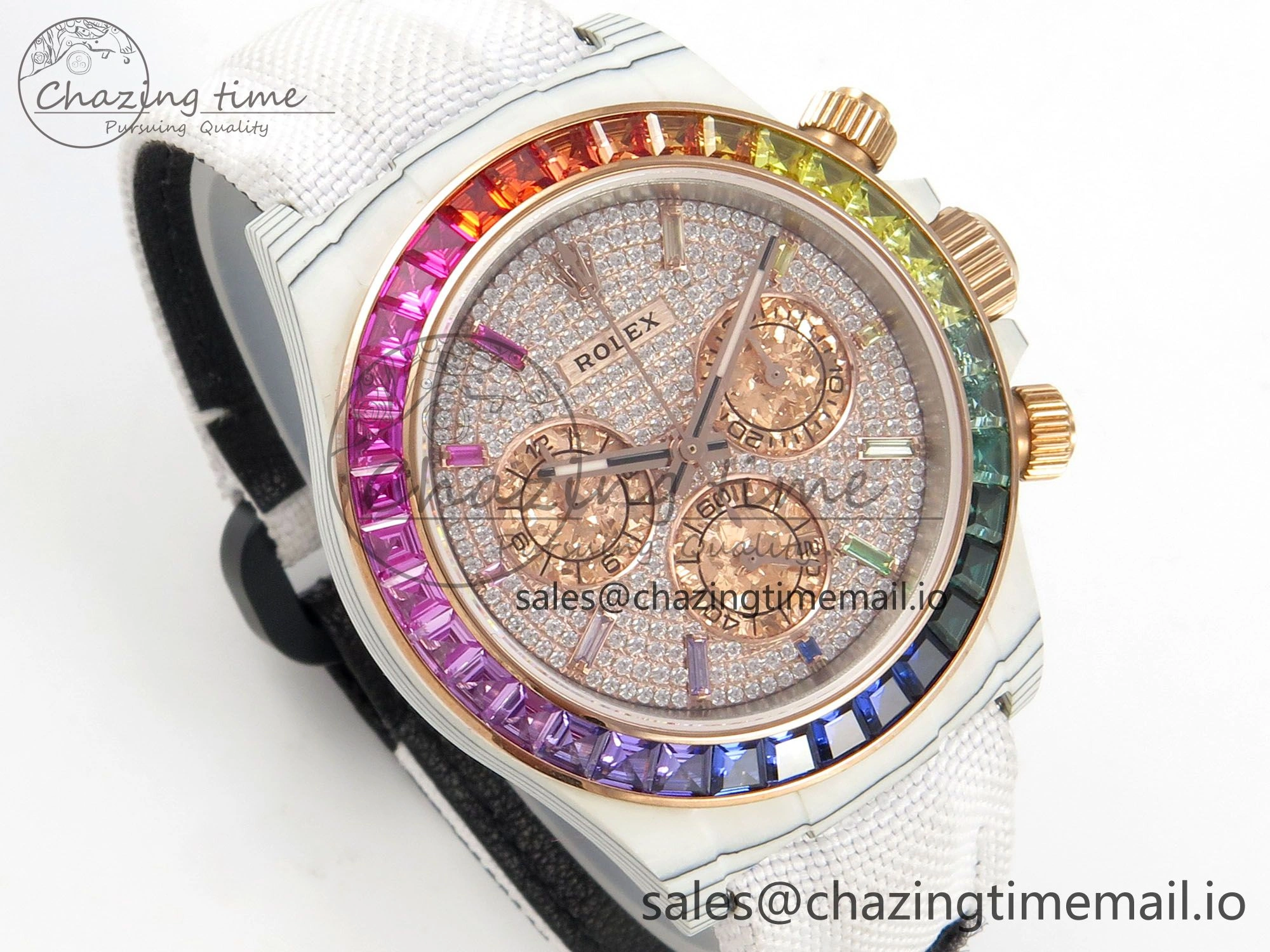 Tailored Daytona Cosmograph White Carbon MPF Best Edition Full Diamond Dial White Nylon Strap A 316