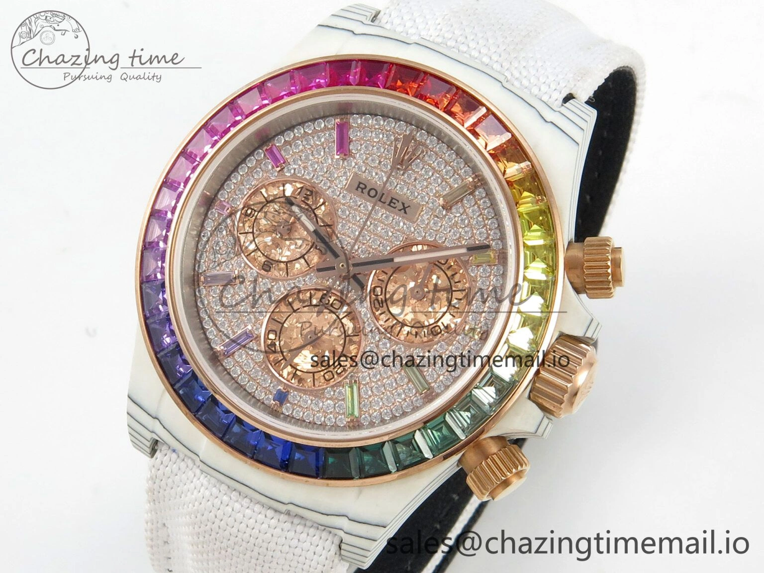 Tailored Daytona Cosmograph White Carbon MPF Best Edition Full Diamond Dial White Nylon Strap A 316