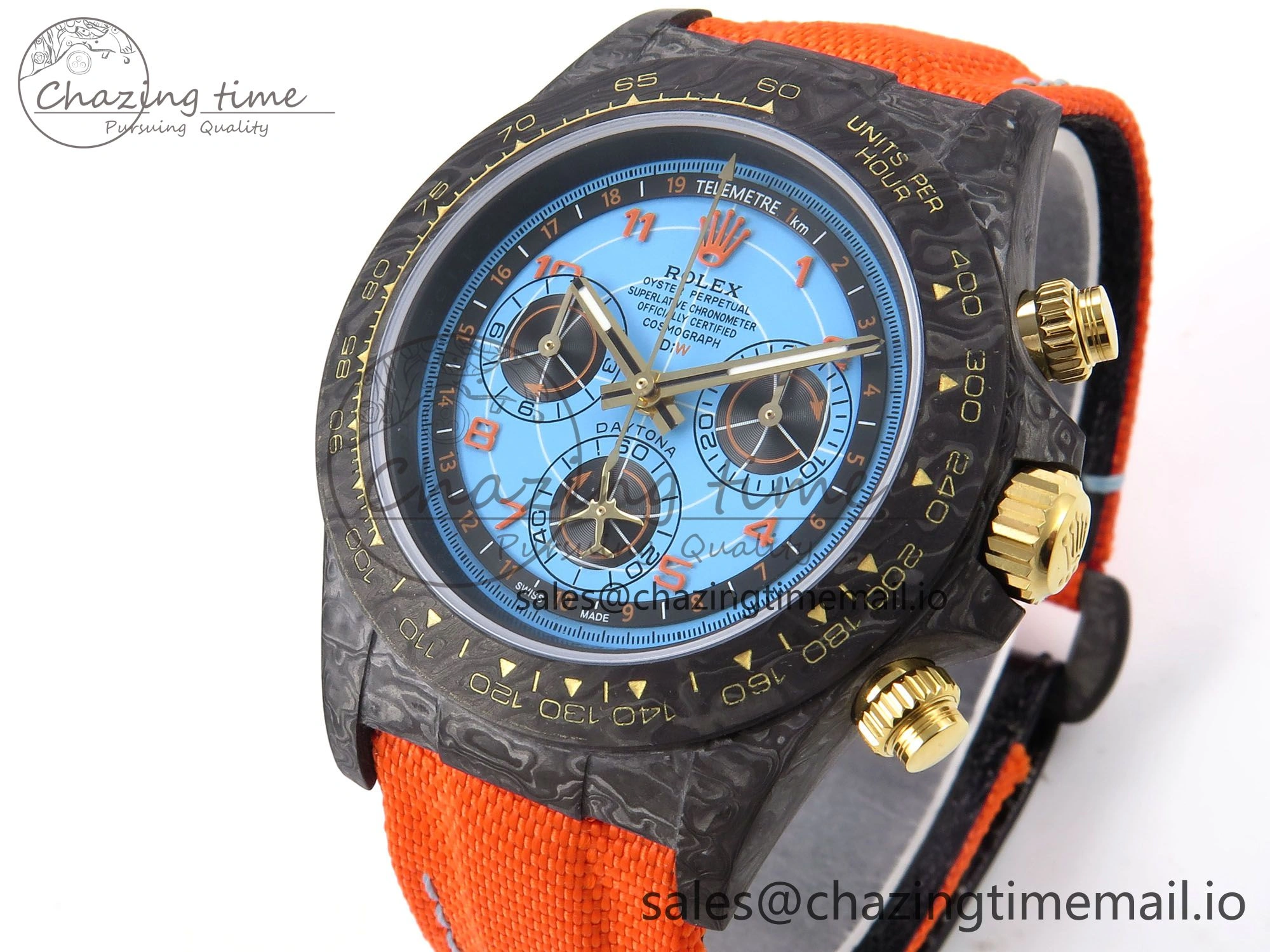 HighPerformance Daytona DIW “AVIA AZURE BLUE”” Carbon DIWF 1:1 Best Edition Blue Dial on Orange Nylon Strap SH 1077