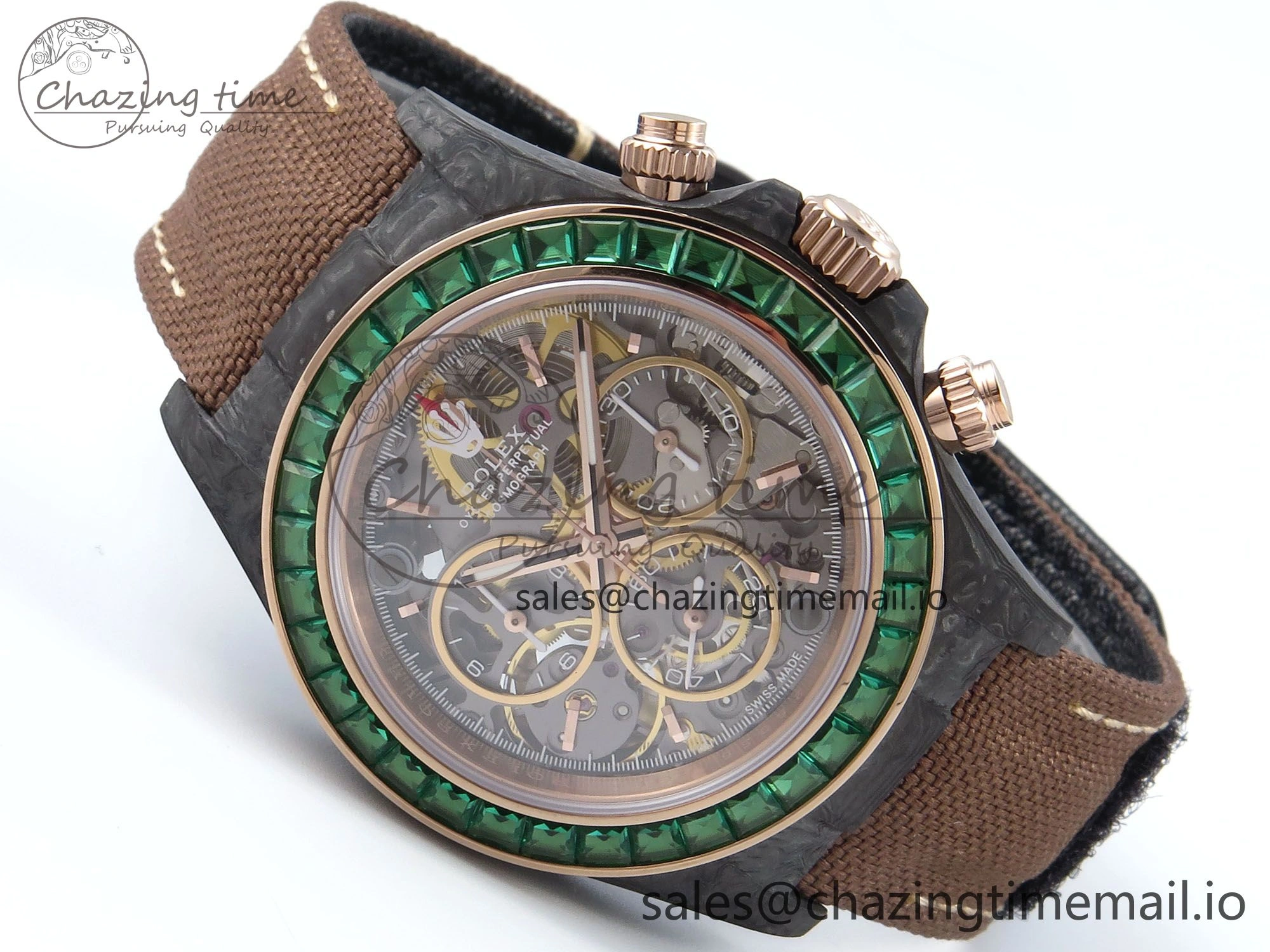 Daytona DIW Black Carbon DIWF Best Edition Skeleton Dial Green Diamonds Bezel on Brown Nylon Strap DD Affordable 458
