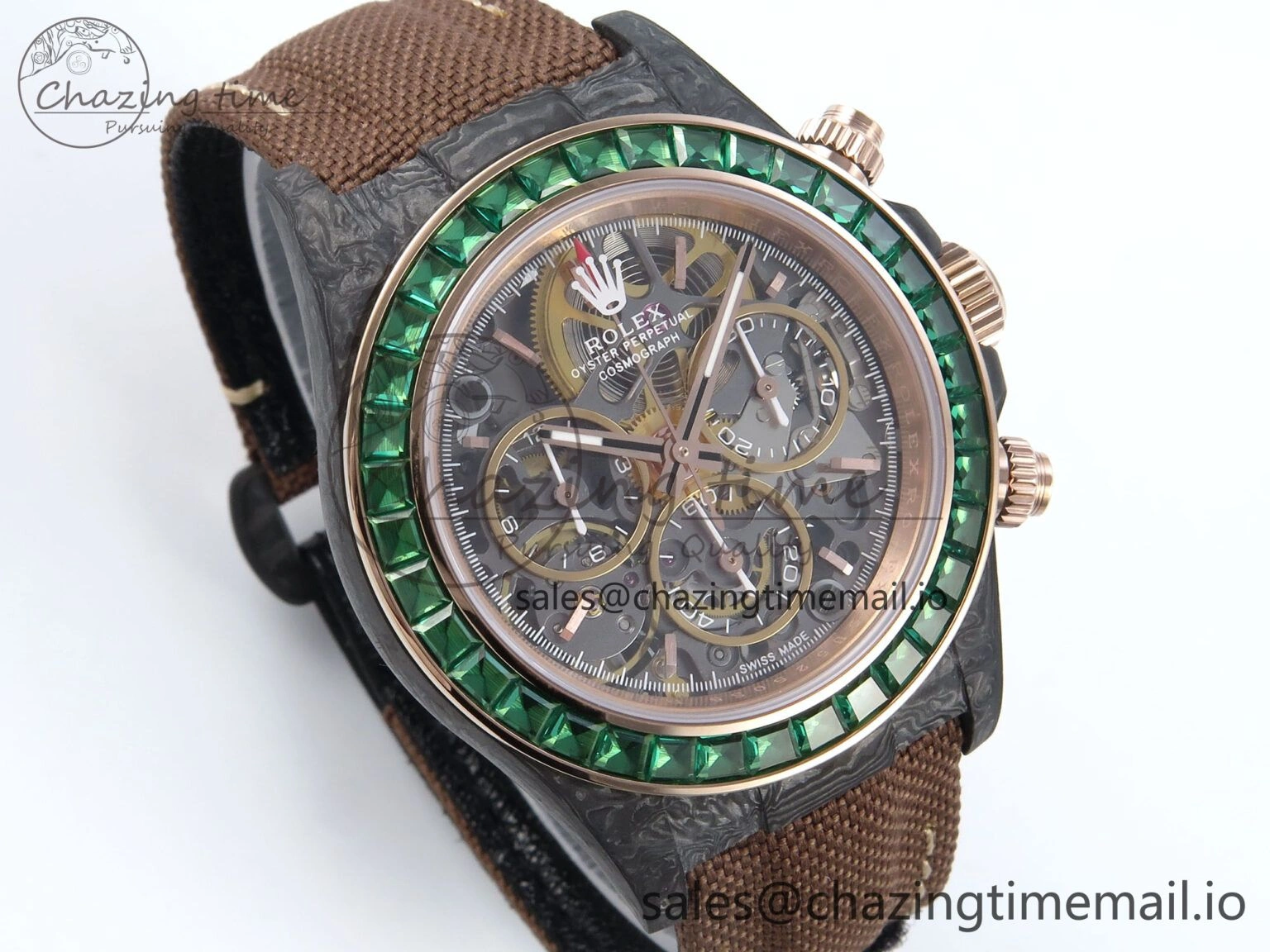 Daytona DIW Black Carbon DIWF Best Edition Skeleton Dial Green Diamonds Bezel on Brown Nylon Strap DD Affordable 458