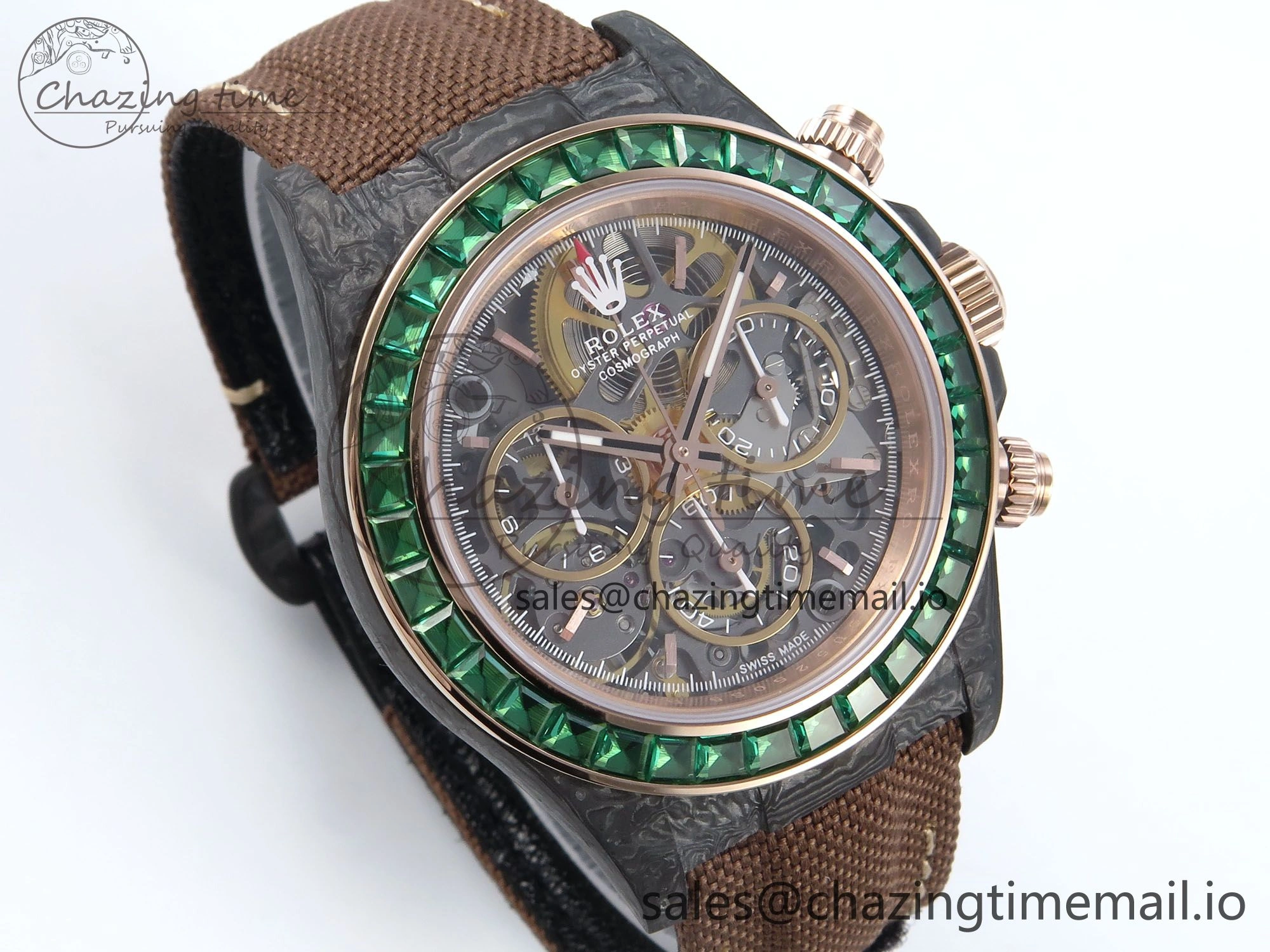 Daytona DIW Black Carbon DIWF Best Edition Skeleton Dial Green Diamonds Bezel on Brown Nylon Strap DD Affordable 458