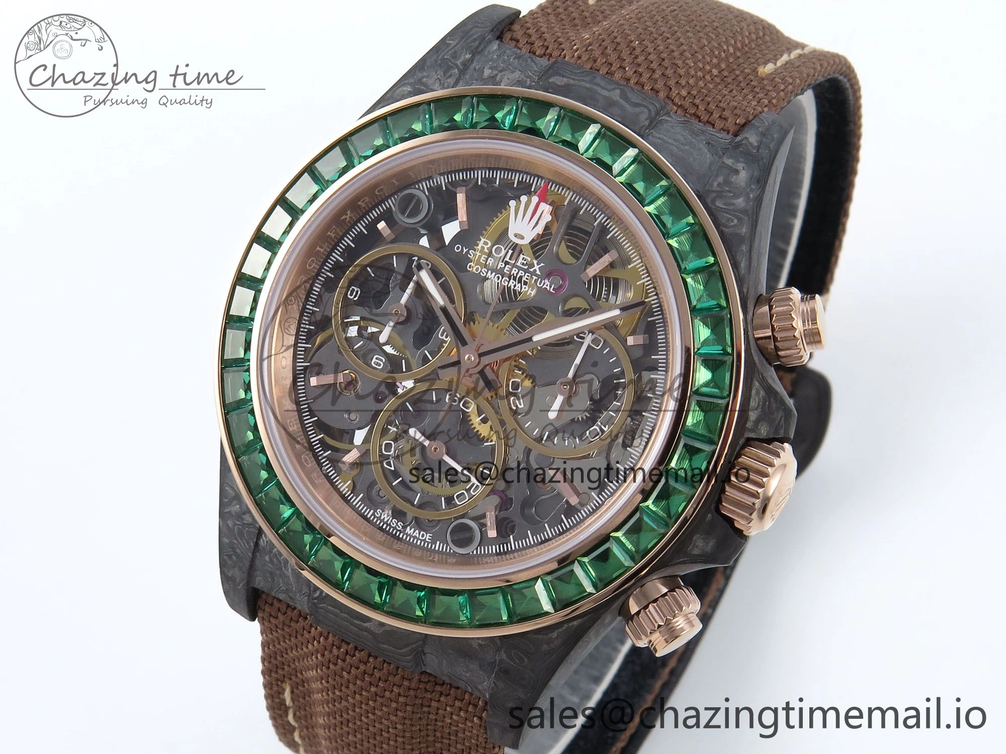 Daytona DIW Black Carbon DIWF Best Edition Skeleton Dial Green Diamonds Bezel on Brown Nylon Strap DD Affordable 458