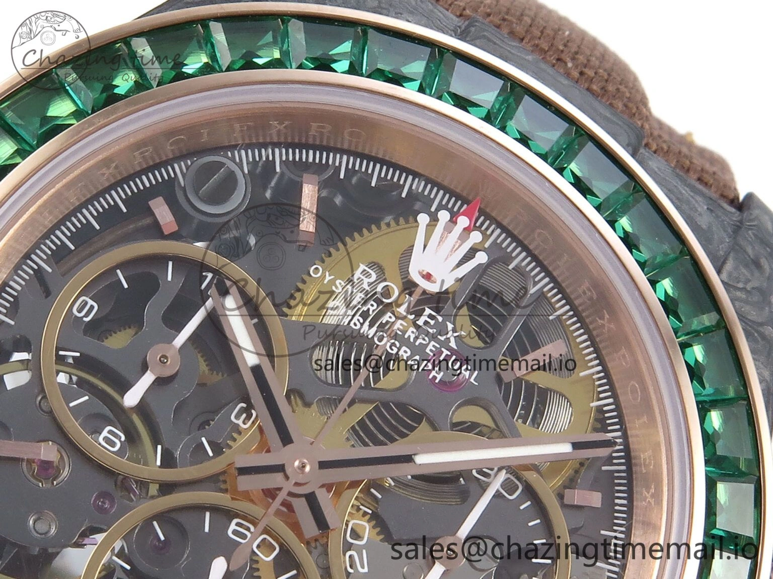 Daytona DIW Black Carbon DIWF Best Edition Skeleton Dial Green Diamonds Bezel on Brown Nylon Strap DD Affordable 458