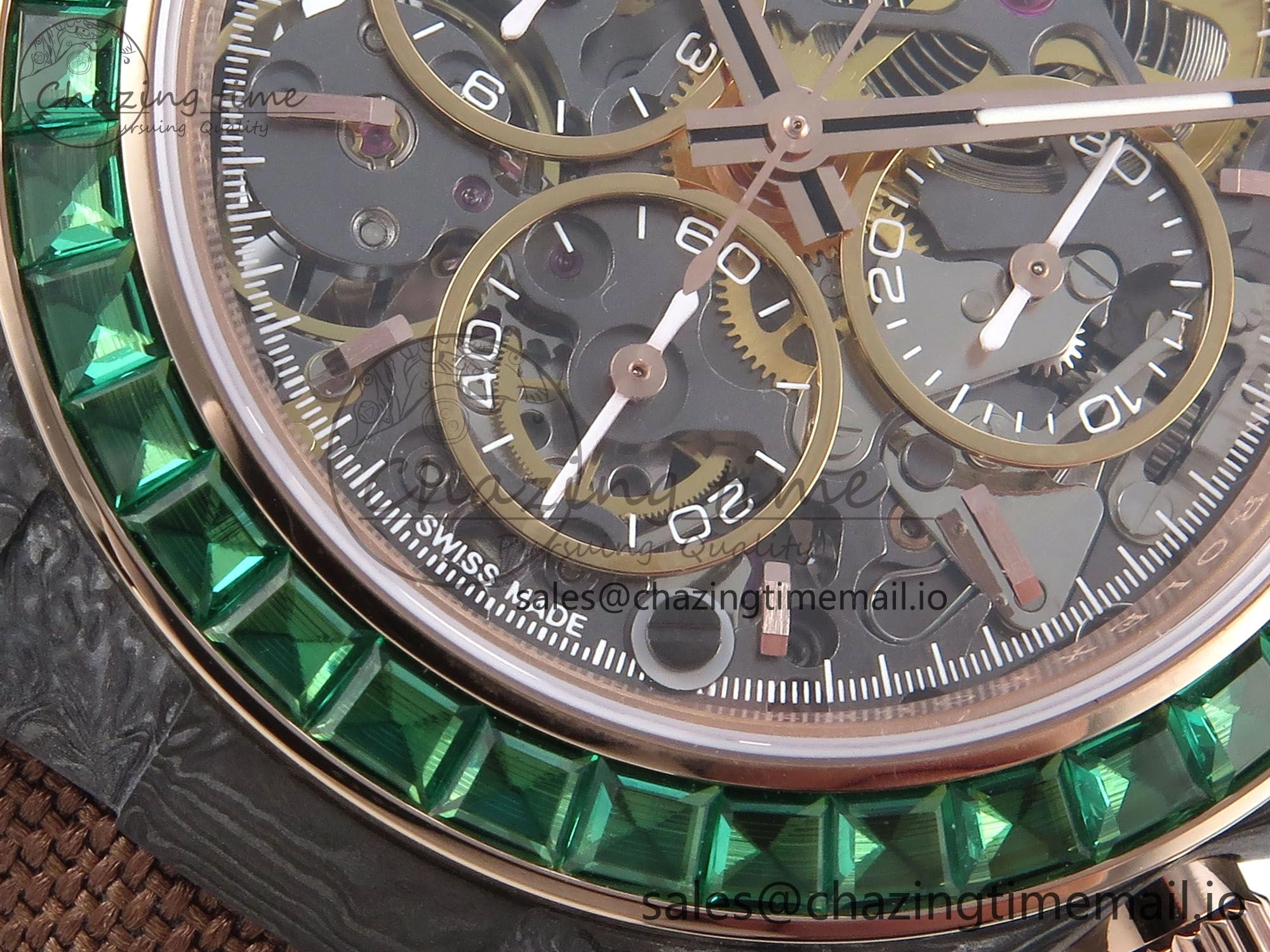 Daytona DIW Black Carbon DIWF Best Edition Skeleton Dial Green Diamonds Bezel on Brown Nylon Strap DD Affordable 458