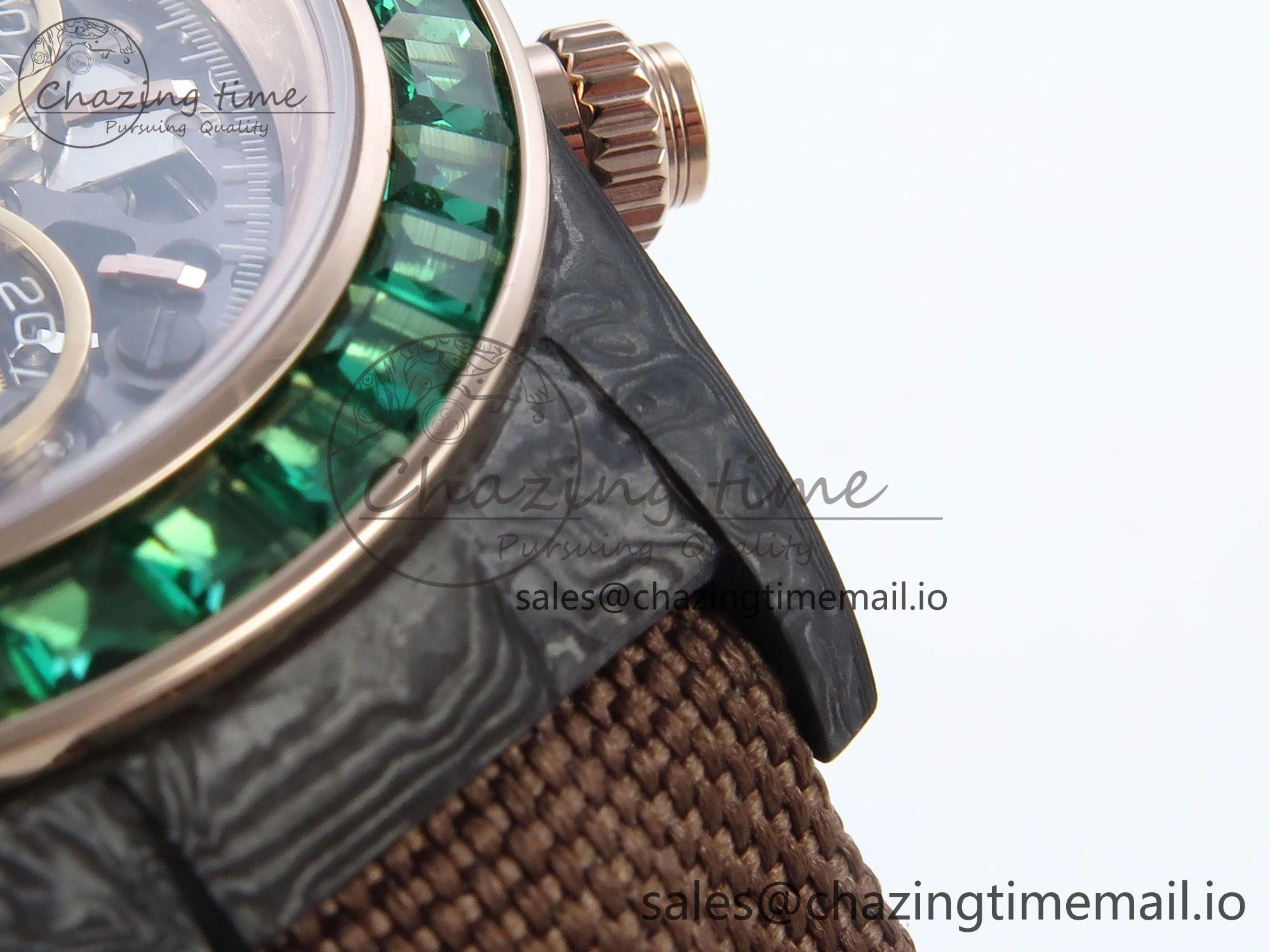 Daytona DIW Black Carbon DIWF Best Edition Skeleton Dial Green Diamonds Bezel on Brown Nylon Strap DD Affordable 458