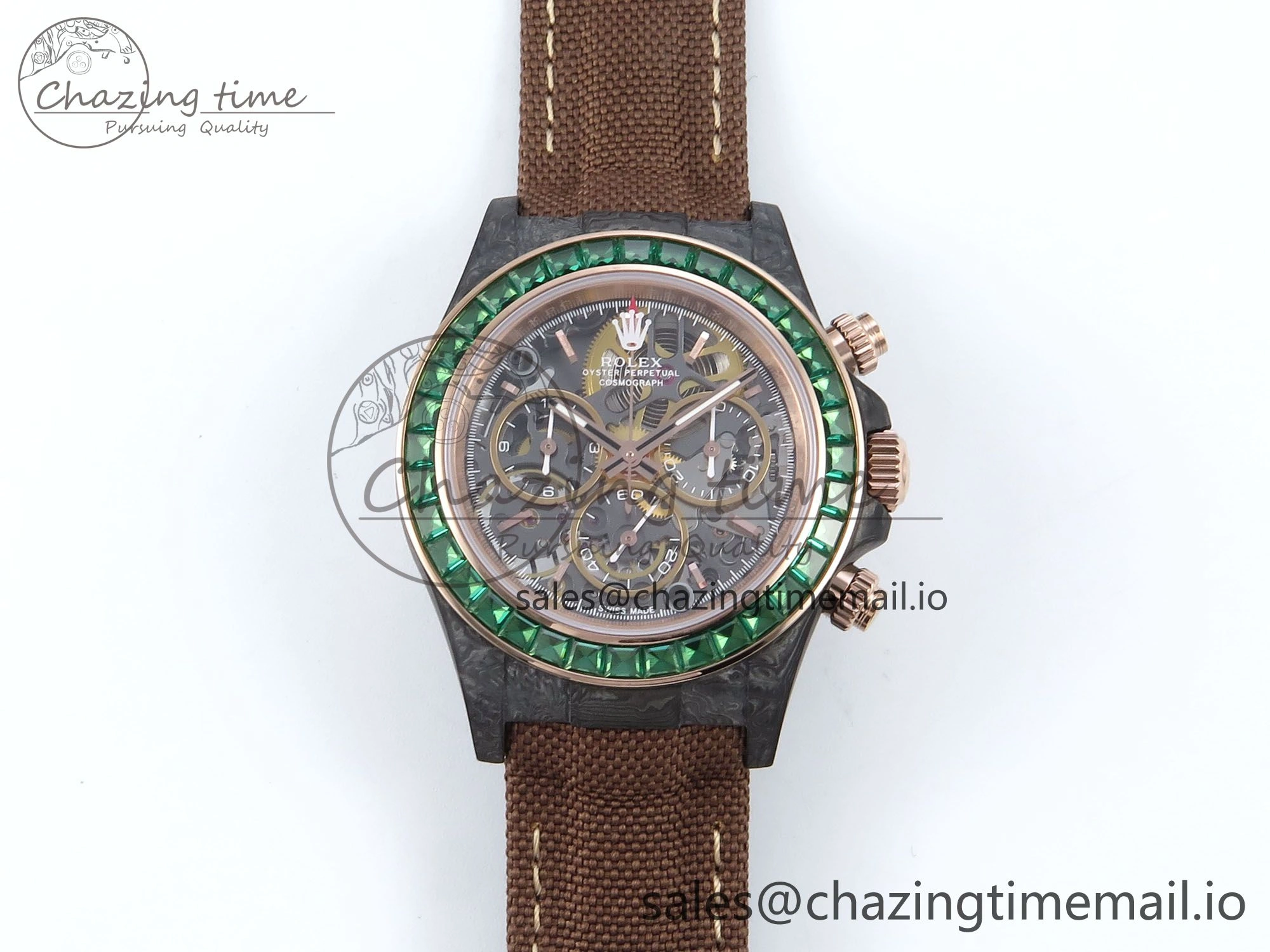 Daytona DIW Black Carbon DIWF Best Edition Skeleton Dial Green Diamonds Bezel on Brown Nylon Strap DD Affordable 458