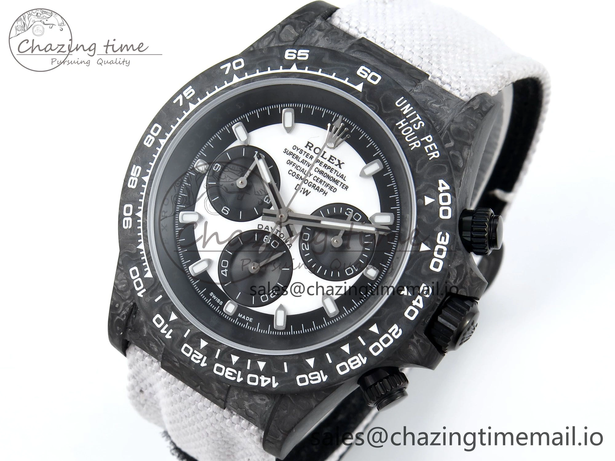 Unique Daytona DIW Black Carbon DIWF Best Edition White Black Dial on White Nylon Strap DD 497