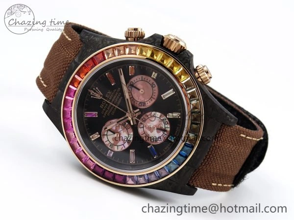 FreshLook Daytona DIW Carbon Case DIWF Edition Black Dial Rainbow Diamonds Bezel on Brown Nylon Strap A 1666