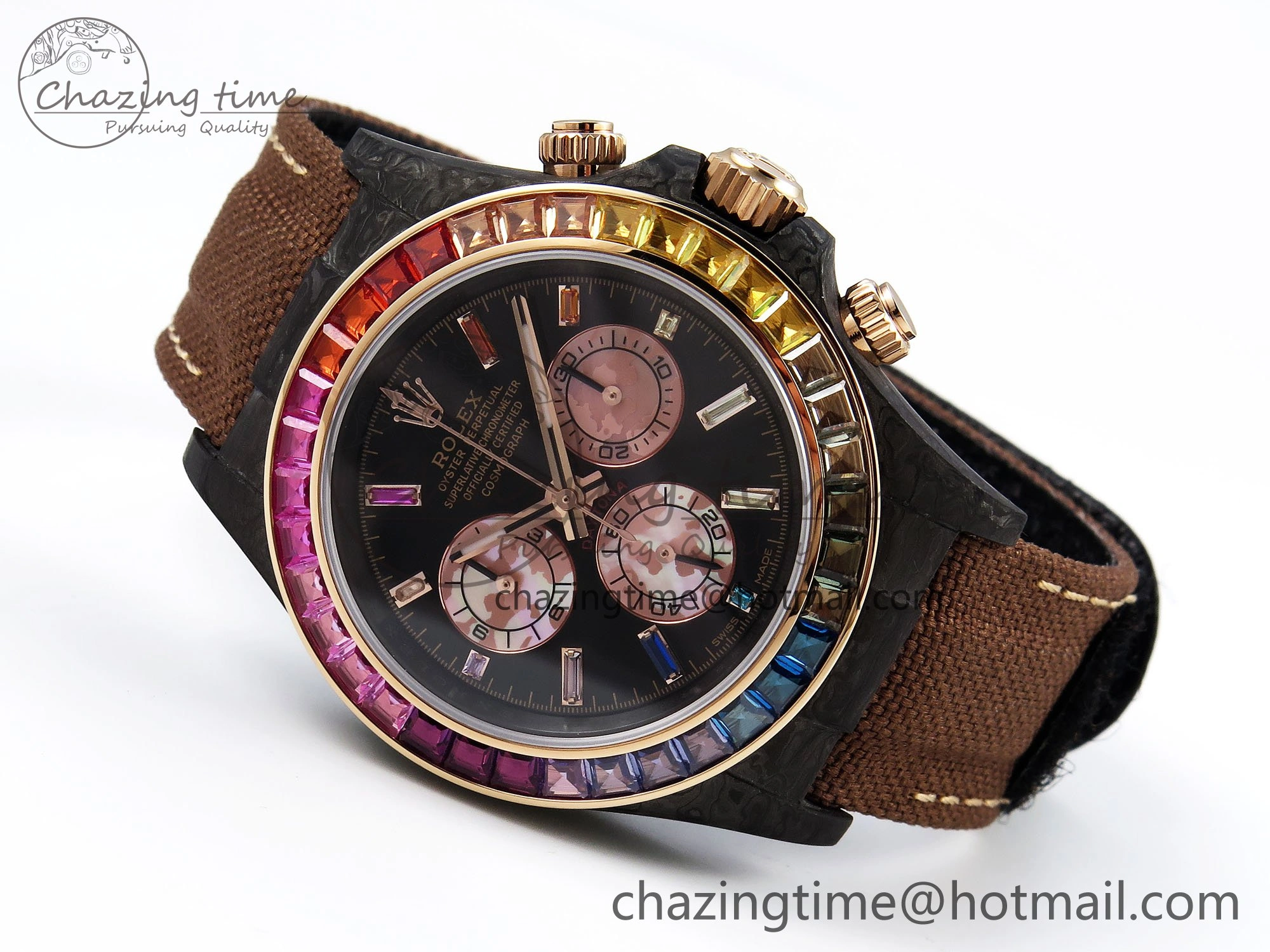 FreshLook Daytona DIW Carbon Case DIWF Edition Black Dial Rainbow Diamonds Bezel on Brown Nylon Strap A 1666