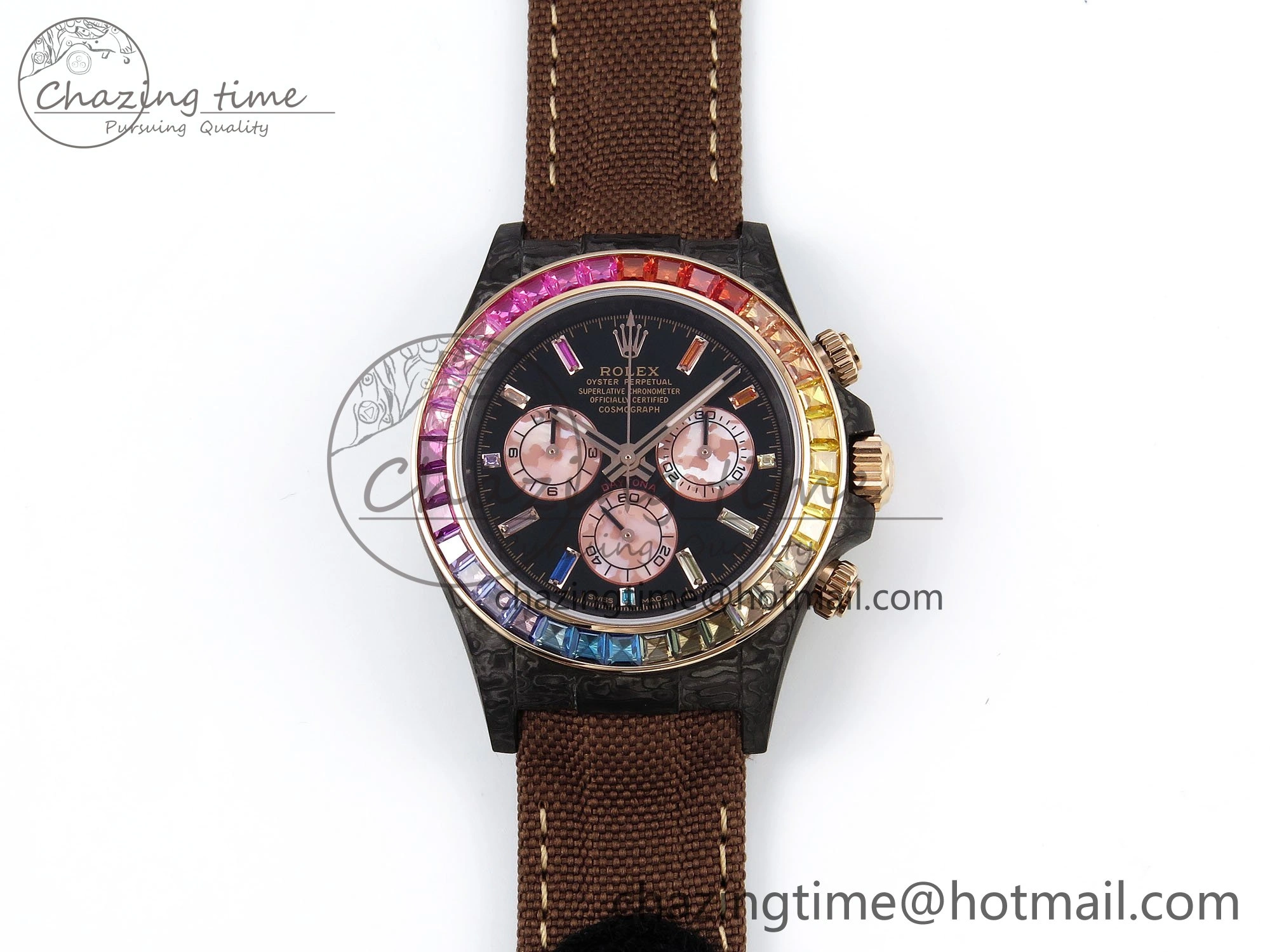FreshLook Daytona DIW Carbon Case DIWF Edition Black Dial Rainbow Diamonds Bezel on Brown Nylon Strap A 1666