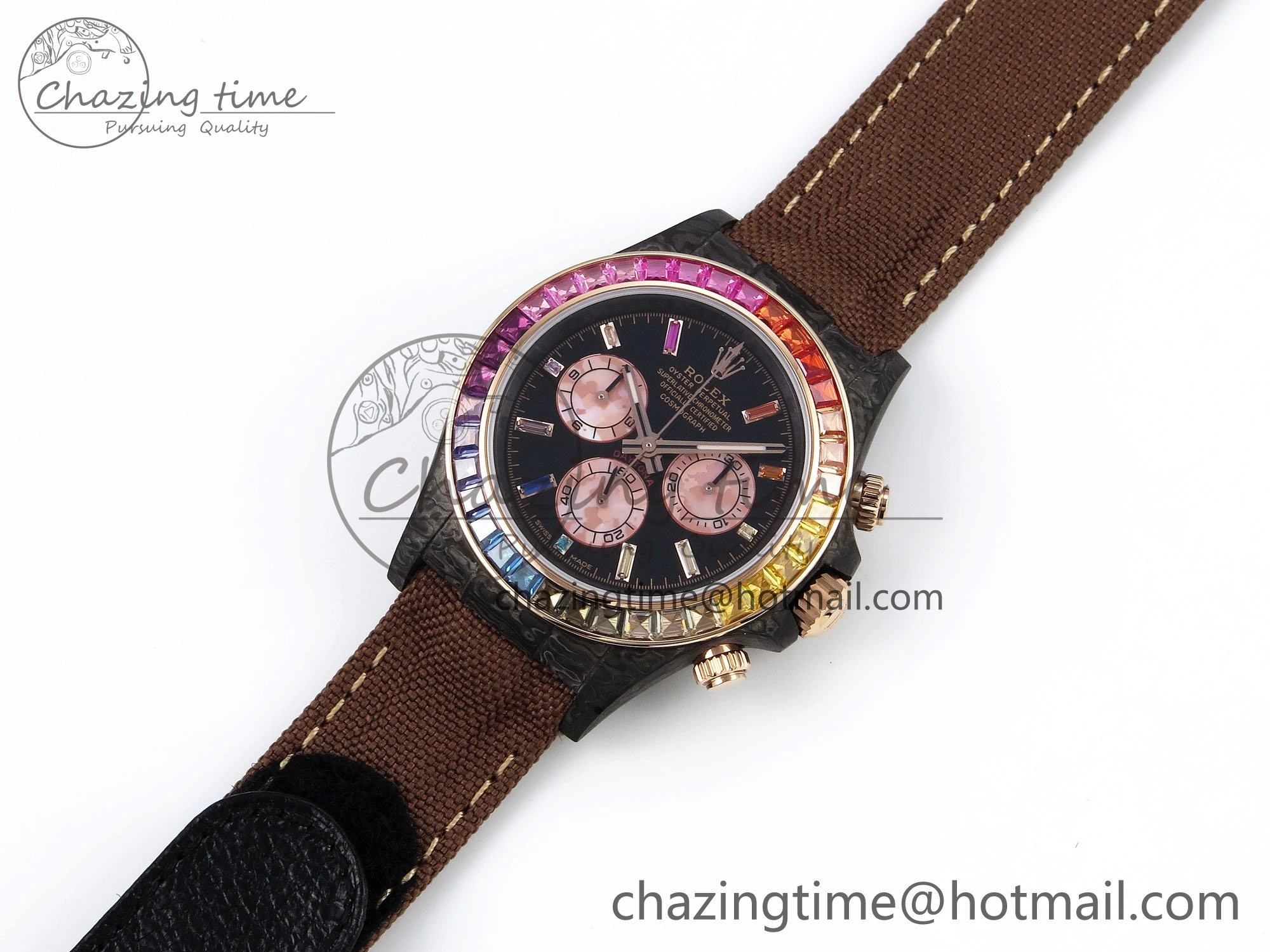 FreshLook Daytona DIW Carbon Case DIWF Edition Black Dial Rainbow Diamonds Bezel on Brown Nylon Strap A 1666