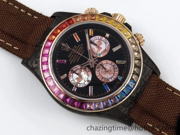 FreshLook Daytona DIW Carbon Case DIWF Edition Black Dial Rainbow Diamonds Bezel on Brown Nylon Strap A 1666
