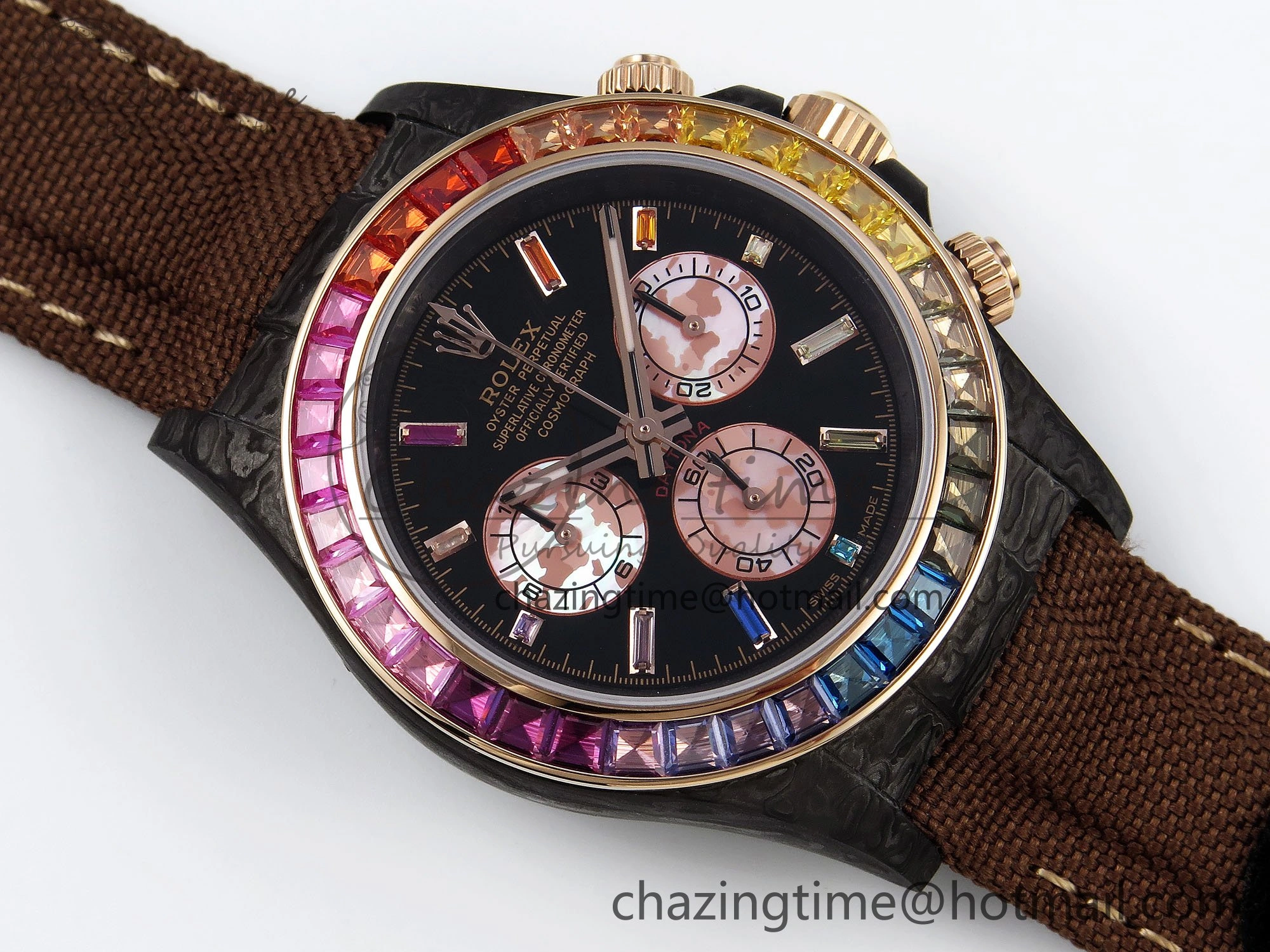 FreshLook Daytona DIW Carbon Case DIWF Edition Black Dial Rainbow Diamonds Bezel on Brown Nylon Strap A 1666