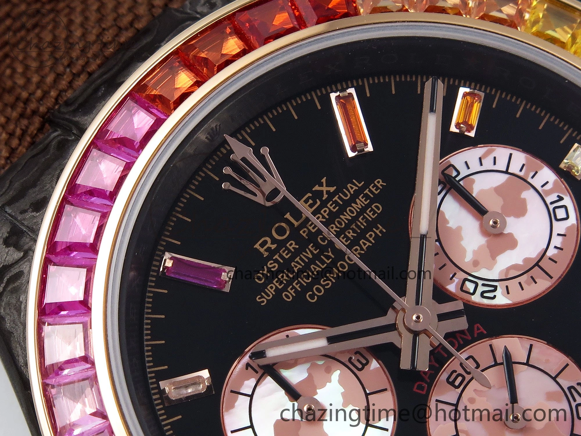 FreshLook Daytona DIW Carbon Case DIWF Edition Black Dial Rainbow Diamonds Bezel on Brown Nylon Strap A 1666