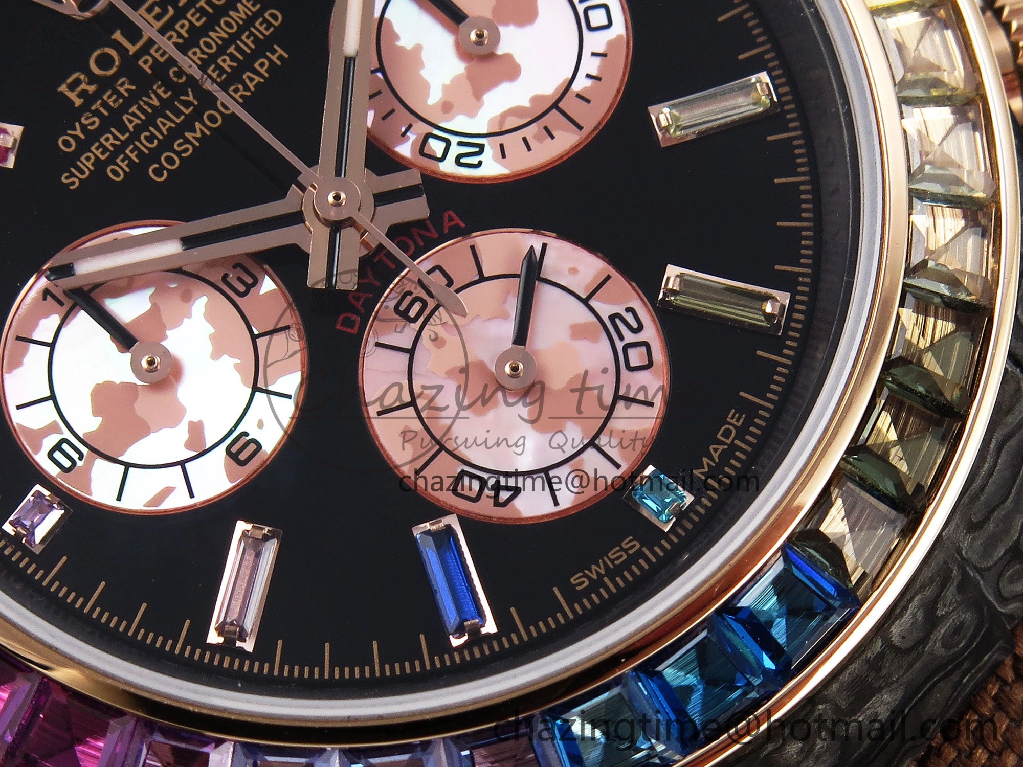 FreshLook Daytona DIW Carbon Case DIWF Edition Black Dial Rainbow Diamonds Bezel on Brown Nylon Strap A 1666