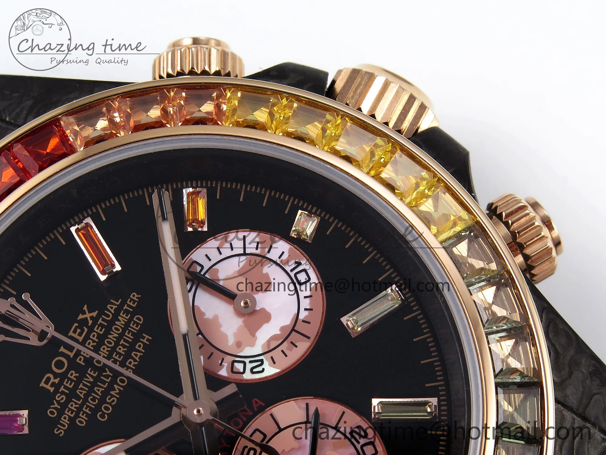 FreshLook Daytona DIW Carbon Case DIWF Edition Black Dial Rainbow Diamonds Bezel on Brown Nylon Strap A 1666