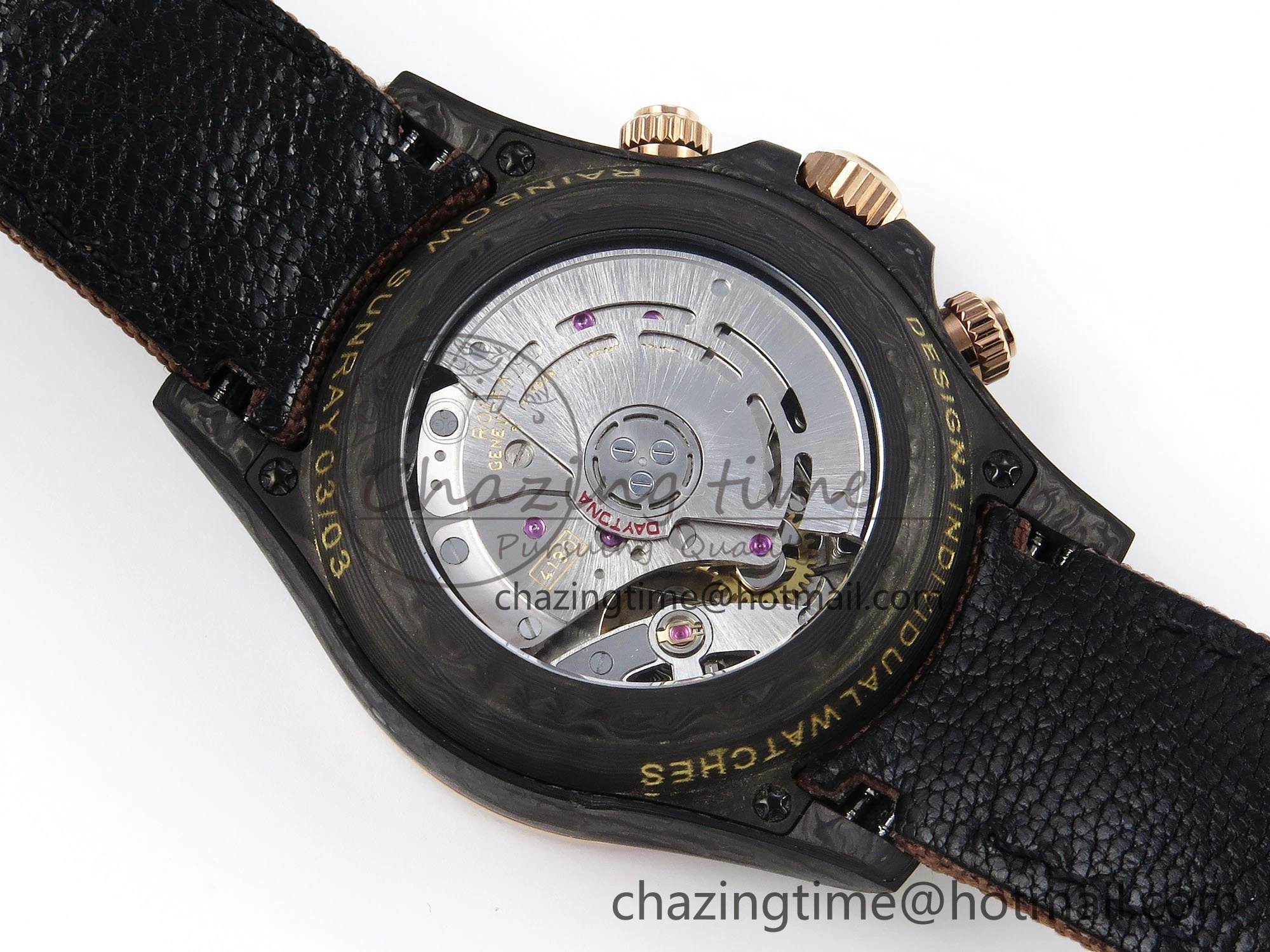 FreshLook Daytona DIW Carbon Case DIWF Edition Black Dial Rainbow Diamonds Bezel on Brown Nylon Strap A 1666