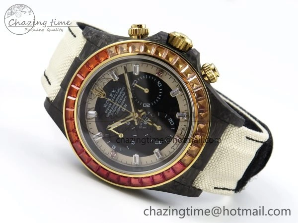 TopPick Daytona DIW Carbon Case DIWF Edition Black White Dial Orange Diamonds Bezel on White Nylon Strap A 1668