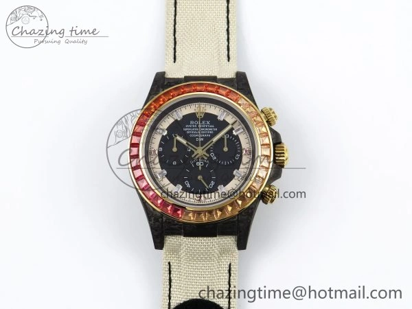 TopPick Daytona DIW Carbon Case DIWF Edition Black White Dial Orange Diamonds Bezel on White Nylon Strap A 1668