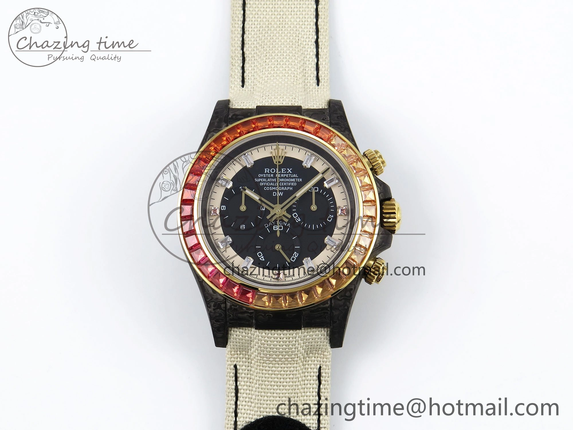 TopPick Daytona DIW Carbon Case DIWF Edition Black White Dial Orange Diamonds Bezel on White Nylon Strap A 1668