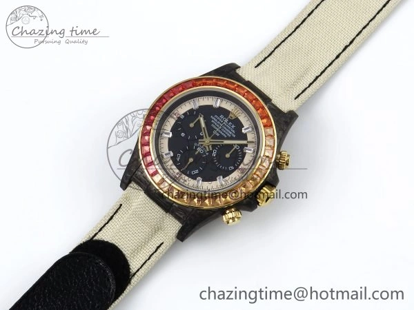 TopPick Daytona DIW Carbon Case DIWF Edition Black White Dial Orange Diamonds Bezel on White Nylon Strap A 1668