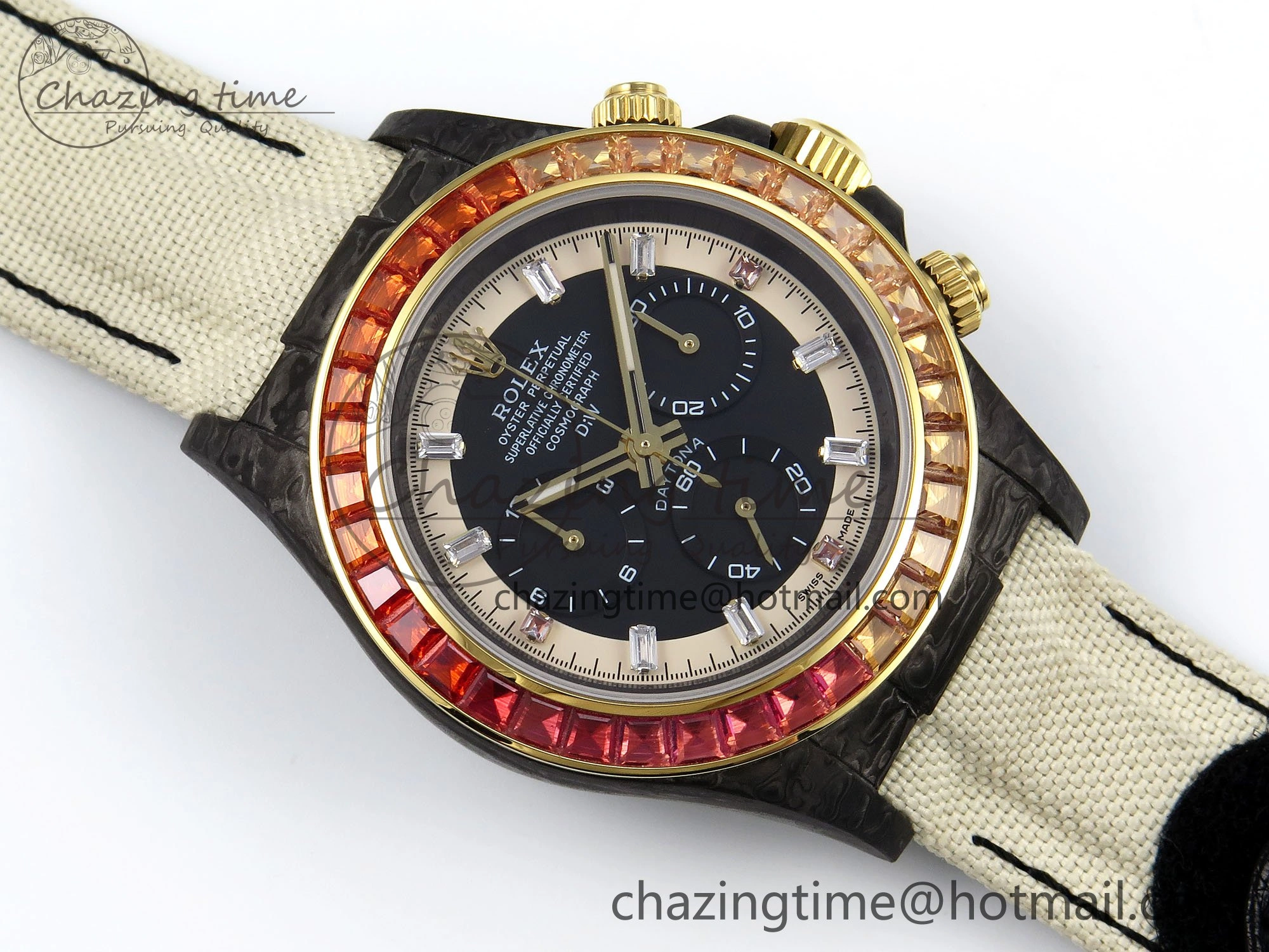 TopPick Daytona DIW Carbon Case DIWF Edition Black White Dial Orange Diamonds Bezel on White Nylon Strap A 1668