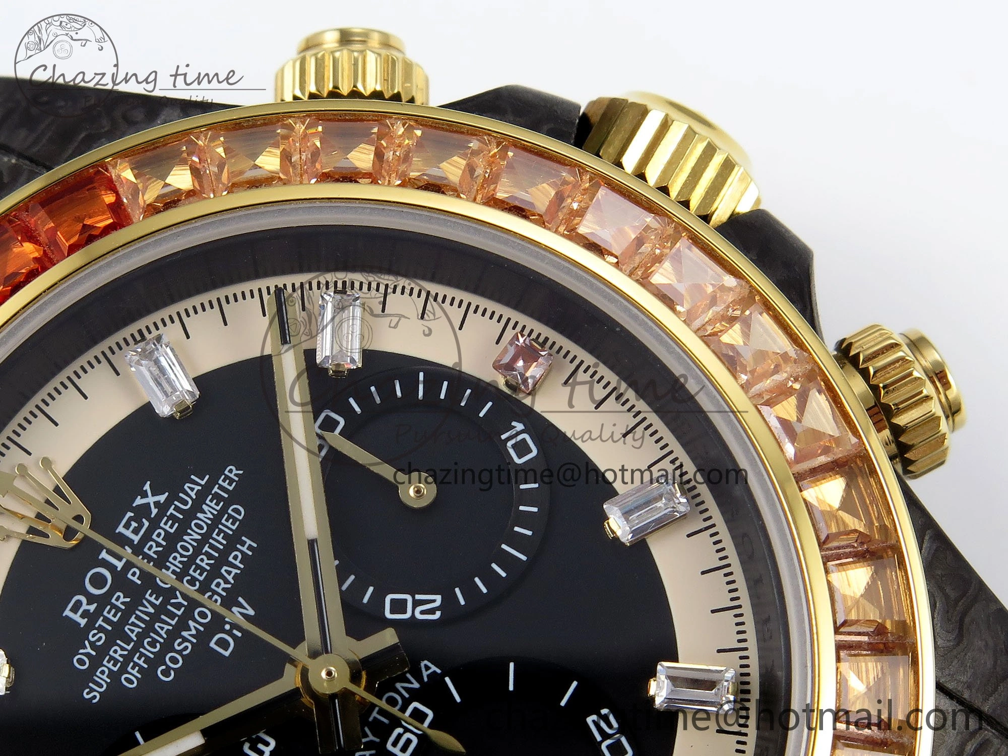 TopPick Daytona DIW Carbon Case DIWF Edition Black White Dial Orange Diamonds Bezel on White Nylon Strap A 1668