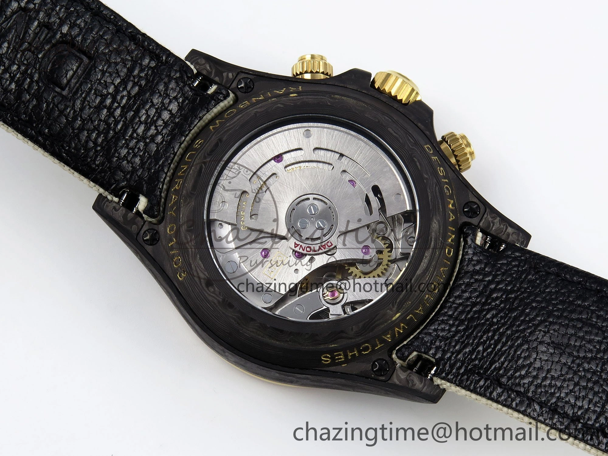 TopPick Daytona DIW Carbon Case DIWF Edition Black White Dial Orange Diamonds Bezel on White Nylon Strap A 1668