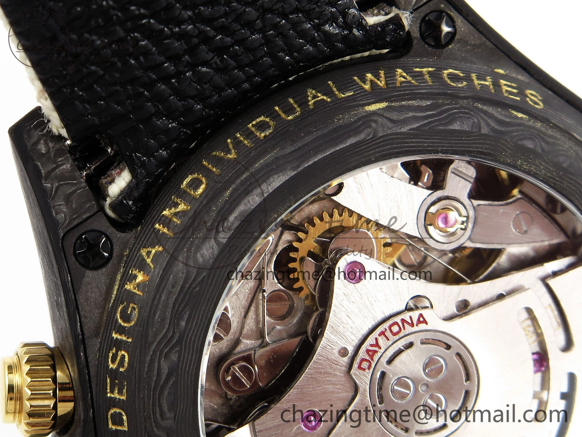 TopPick Daytona DIW Carbon Case DIWF Edition Black White Dial Orange Diamonds Bezel on White Nylon Strap A 1668