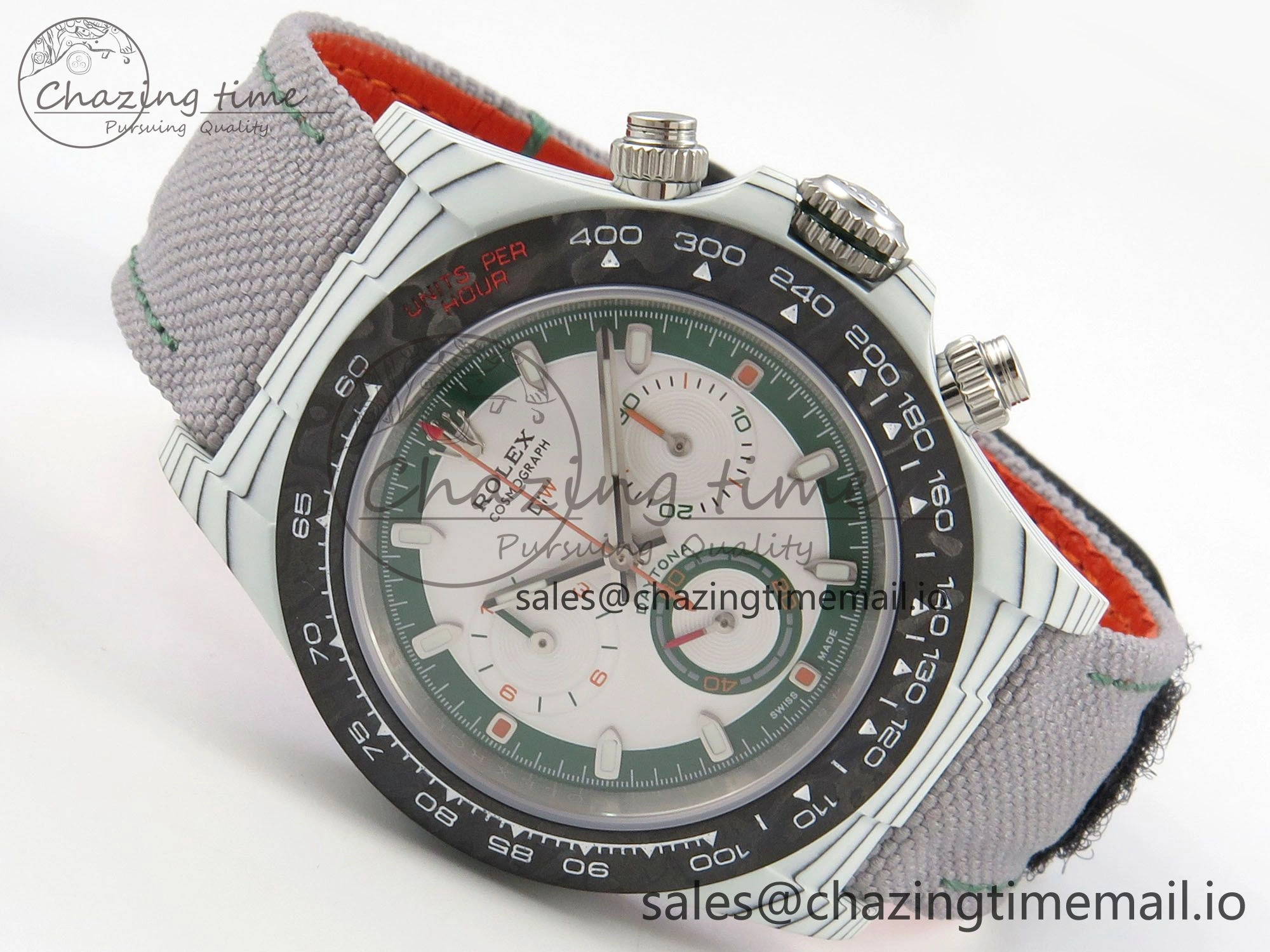 FashionForward Daytona DIW Carbon Case and Bezel DIWF Edition White Green Dial on Grey Nylon Strap A 51