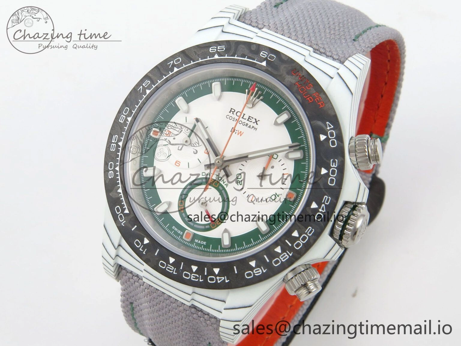 FashionForward Daytona DIW Carbon Case and Bezel DIWF Edition White Green Dial on Grey Nylon Strap A 51