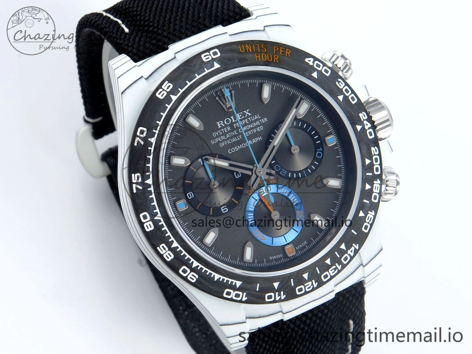 Daytona DIW Carbon N6F 1:1 Best Edition Black Blue Dial on Black Nylon Cald Leather Strap SA EyeCatching 348