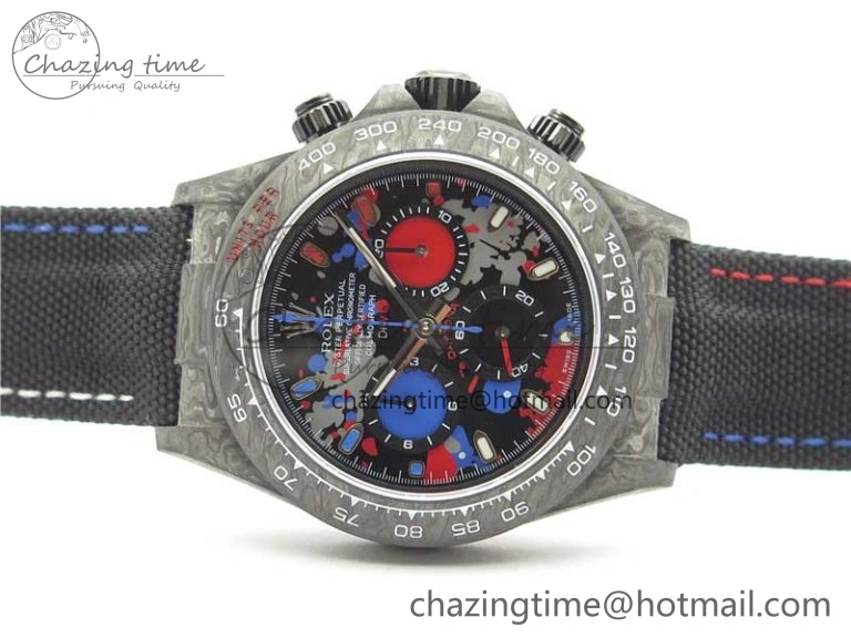 Sporty Daytona DIW Carbon OMF Best Edition Red Blue Dial Blue Hand on Black Nylon Strap A 2848