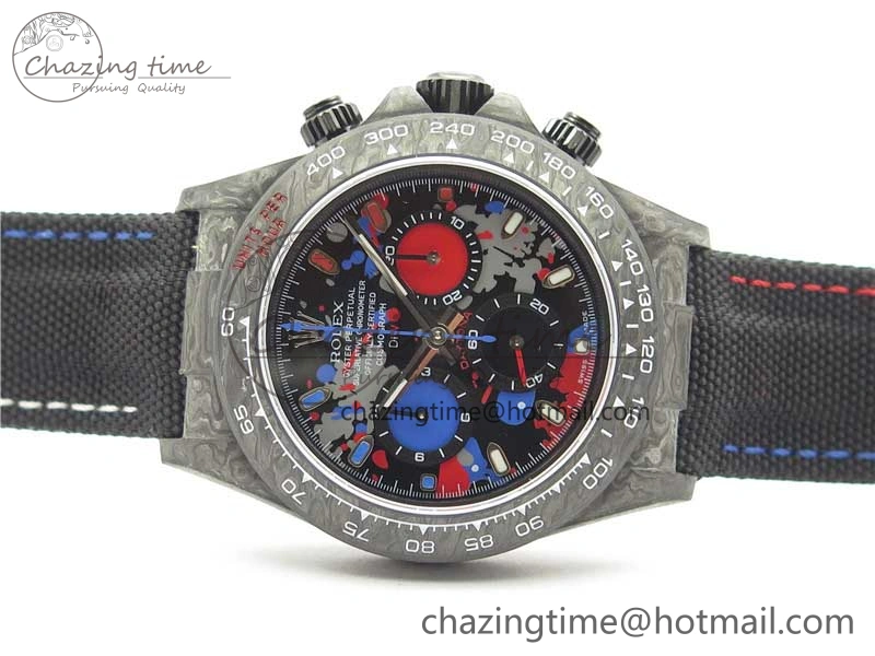 Sporty Daytona DIW Carbon OMF Best Edition Red Blue Dial Blue Hand on Black Nylon Strap A 2848