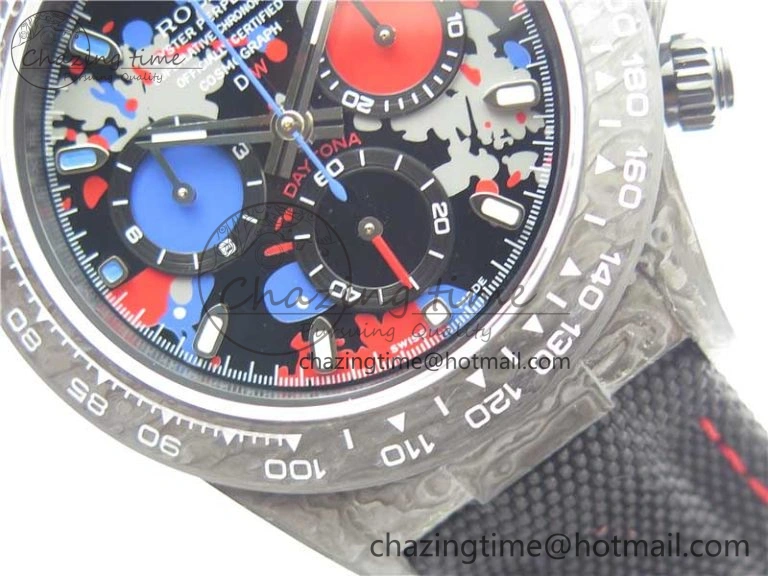 Sporty Daytona DIW Carbon OMF Best Edition Red Blue Dial Blue Hand on Black Nylon Strap A 2848