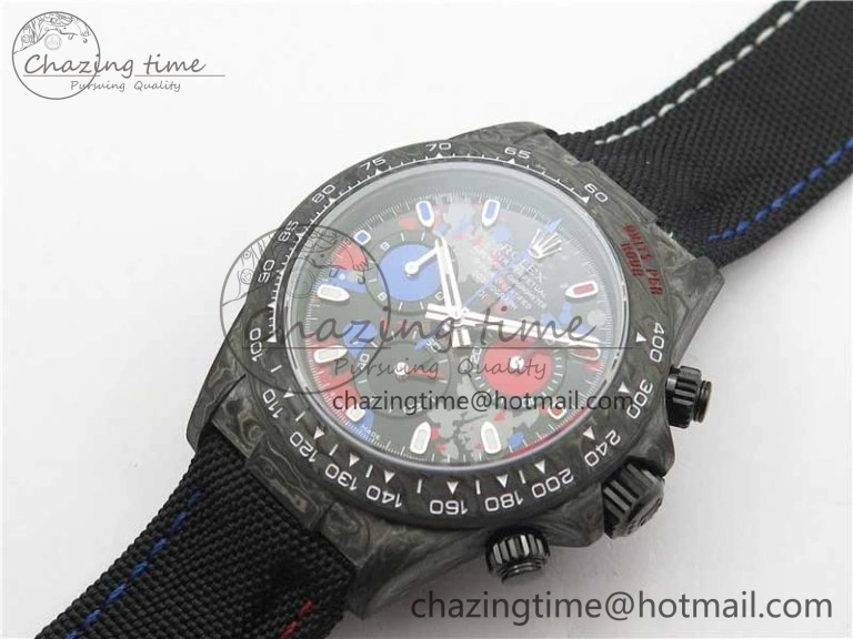 Sporty Daytona DIW Carbon OMF Best Edition Red Blue Dial Blue Hand on Black Nylon Strap A 2848