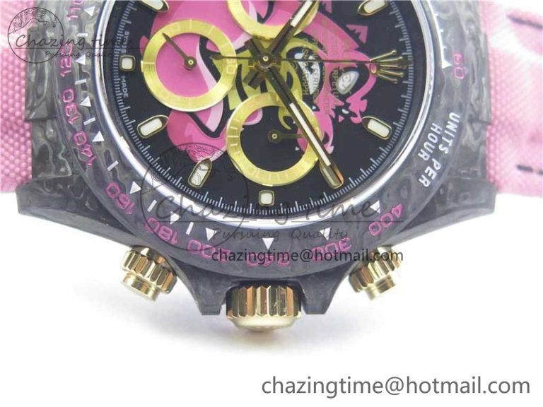 Lightweight Daytona DIW Carbon V2 WWF Best Edition Black Pink Dial On Pink Nylon Strap A 3113