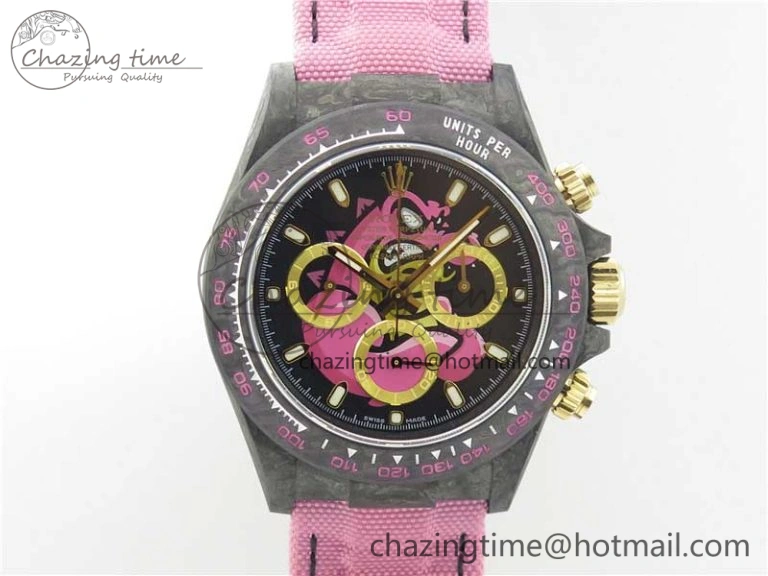 Lightweight Daytona DIW Carbon V2 WWF Best Edition Black Pink Dial On Pink Nylon Strap A 3113