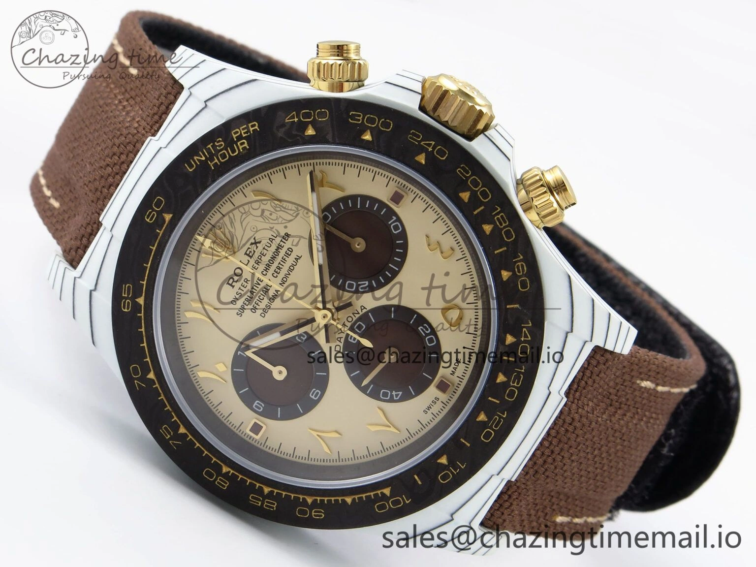 Daytona DIW “DESERT EAGLE”  White Carbon DIWF 1:1 Best Edition Cream Brown Dial on Brown Nylon Strap SH SportInspired 1074