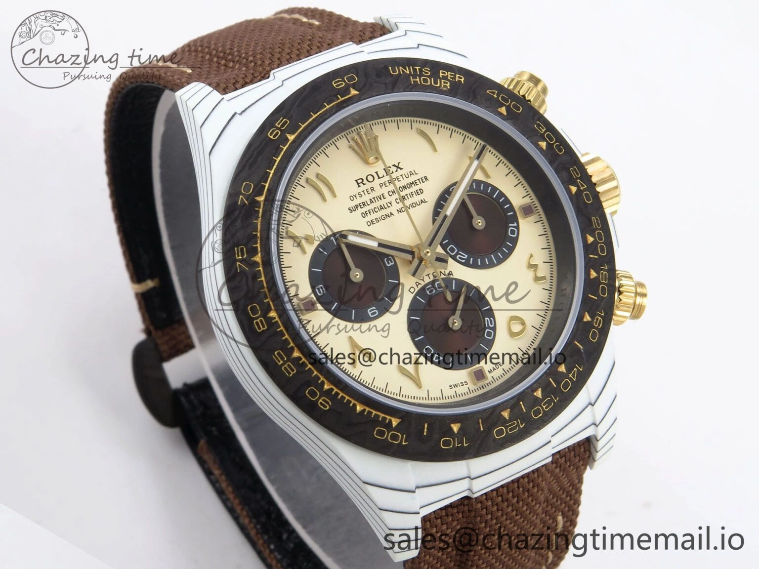 Daytona DIW “DESERT EAGLE”  White Carbon DIWF 1:1 Best Edition Cream Brown Dial on Brown Nylon Strap SH SportInspired 1074