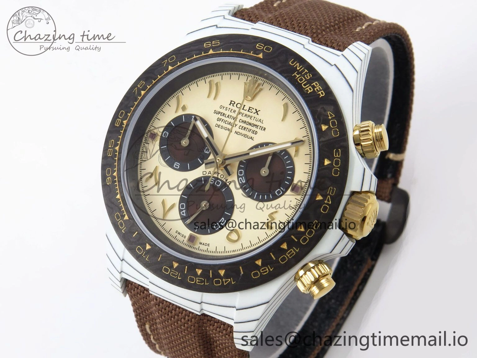 Daytona DIW “DESERT EAGLE”  White Carbon DIWF 1:1 Best Edition Cream Brown Dial on Brown Nylon Strap SH SportInspired 1074